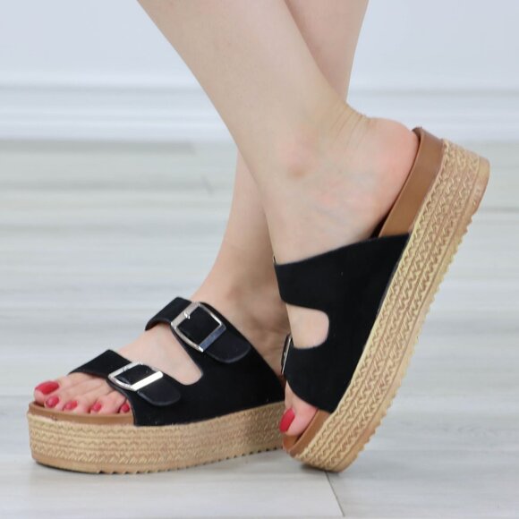 Suede Black Double Straps Comfort Platform Sandal Slip On Sliders - Picture 7 of 12